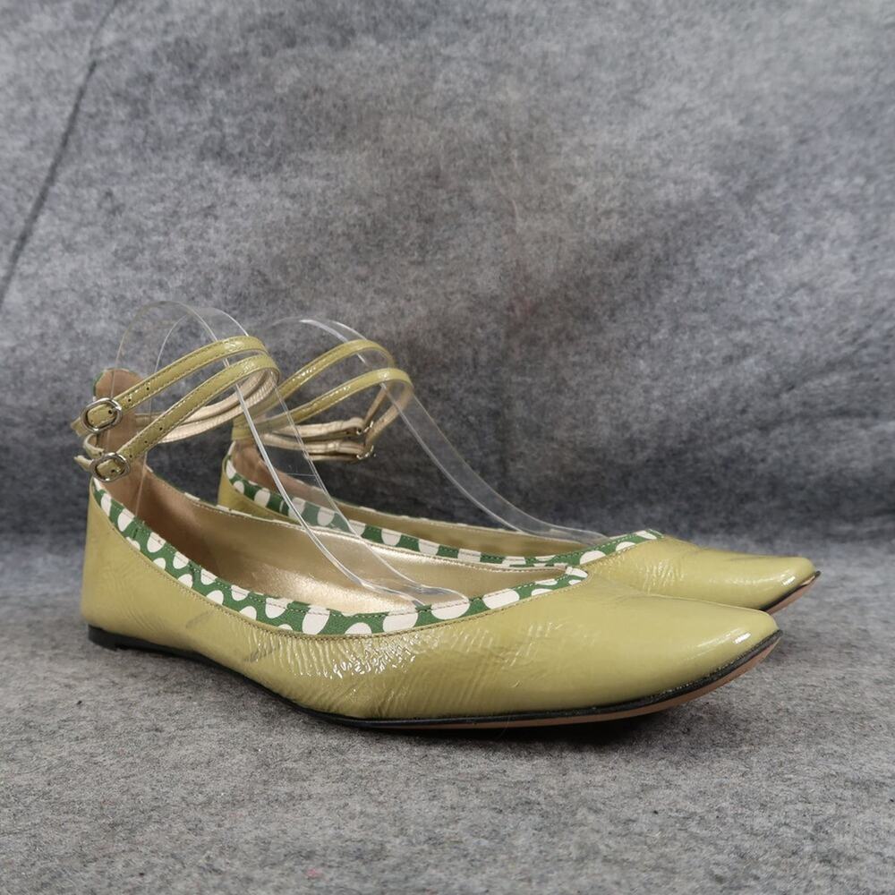 Font Shoes Womens 41 Ballet Flat Ankle Strap Buckle Patent Leather Fashion Green